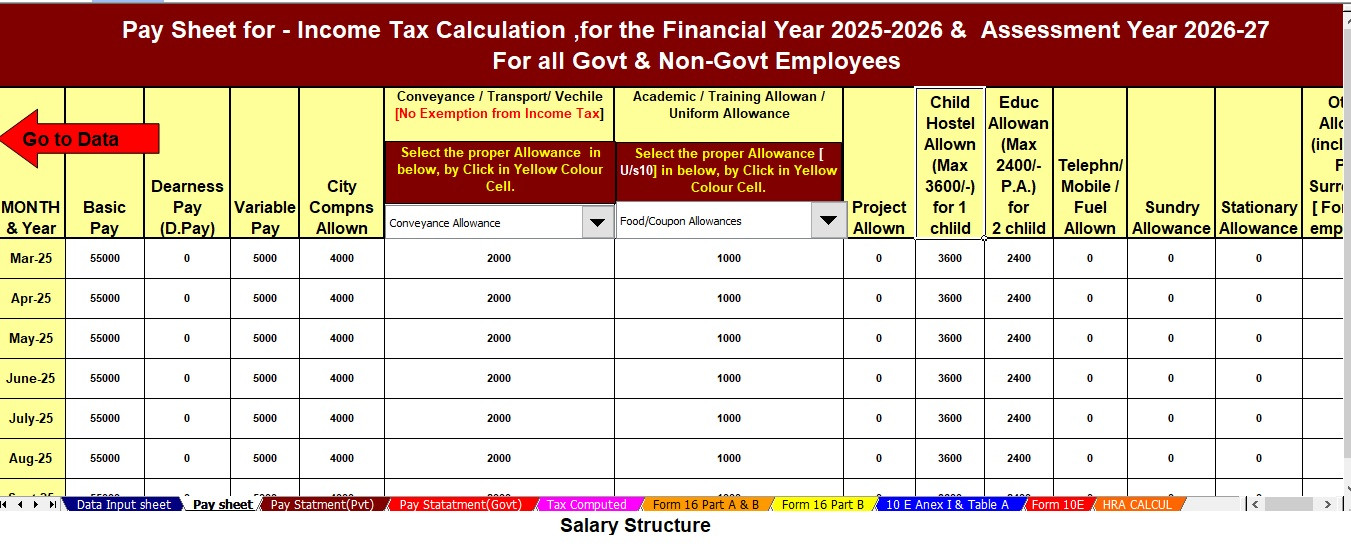 Automated Income Tax Calculator all in one in Excel for the F.Y.2025-26 for the Govt and Non-Govt Employees